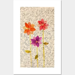 Flowers composition on aged handwriting page Posters and Art